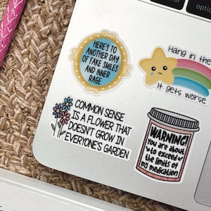 May include: A set of five stickers with humorous sayings. The stickers are printed on white paper with black text. The stickers feature a mirror with the text "Here's to another day of fake smiles and inner rage", a star with a rainbow and the text "Hang in there. It gets worse", a flower with the text "Common sense is a flower that doesn't grow in everyone's garden", and a pill bottle with the text "Warning! You are about to exceed the limits of my medication".