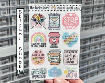 Mental Health Minis 4x6 Sticker Sheet, Bujo Sticker Sheet, Self Care Planner Stickers, Positive Mini Stickers Kit, Cute Vinyl Sticker Sheet