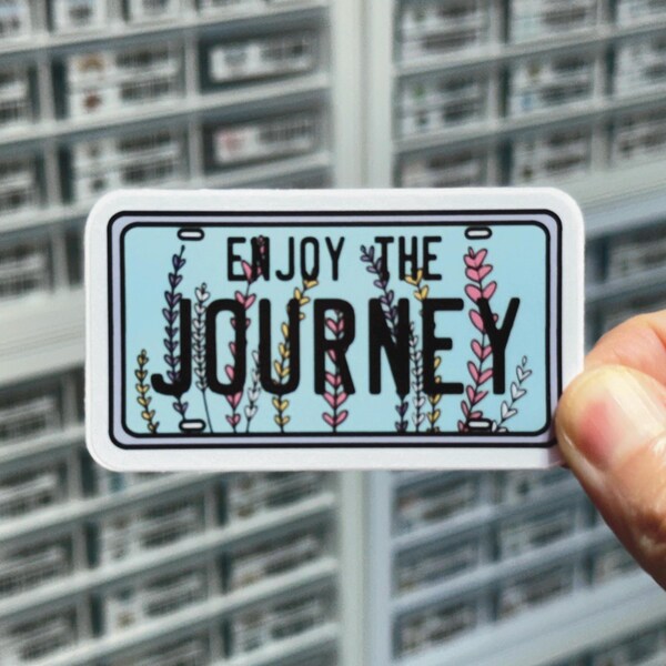 Enjoy the Journey Sticker, Floral License Plate Decal, Glossy Botanical Stickers, Travel Stickers Label for Water Bottle, Laptop, Notebook