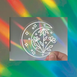 Floral Moon Suncatcher, Stars Suncatcher Sticker, Celestial Rainbow Maker Sticker, Crescent Window Prism Sticker, Window Sun Catcher Decal