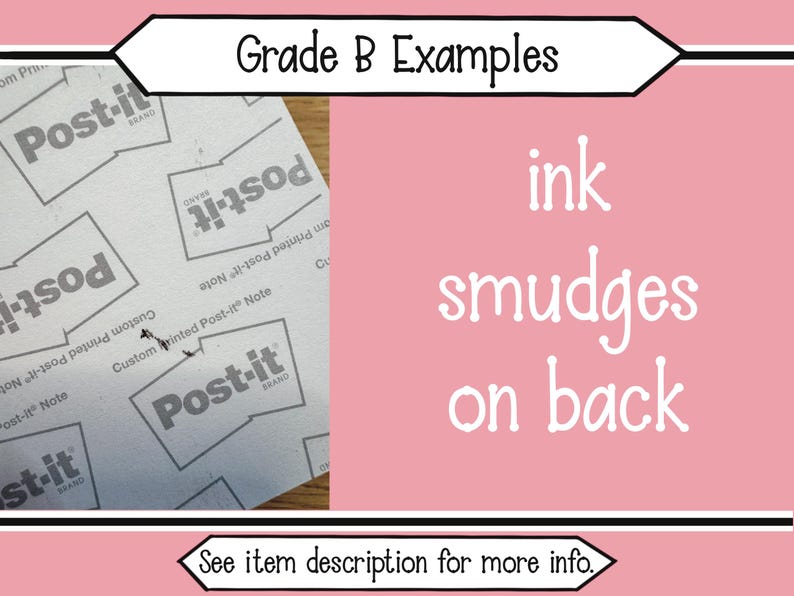 K&ouml;nnte beinhalten: Nahaufnahme eines Stapels wei&szlig;er Post-it&reg;-Klebezettel mit Tintenflecken auf der R&uuml;ckseite. Der Text "Grade B Examples" ist oben im Bild sichtbar. Der Text "ink smudges on back" ist in der unteren rechten Ecke des Bildes sichtbar.