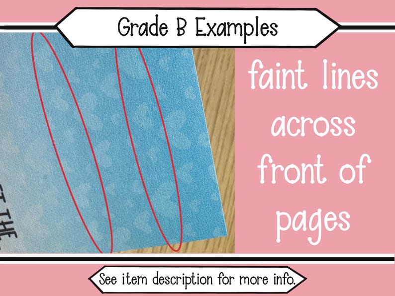 May include: A light blue card with a repeating heart pattern featuring two vertical red ovals highlighting faint lines across the front. The text Grade B Examples appears at the top, and See item description for more info. is at the bottom.