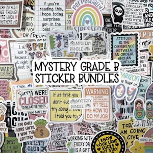 May include: A collection of assorted vinyl stickers featuring various motivational quotes, humorous phrases, and colorful illustrations, with a central label reading Mystery Grade B Sticker Bundles in bold black text.