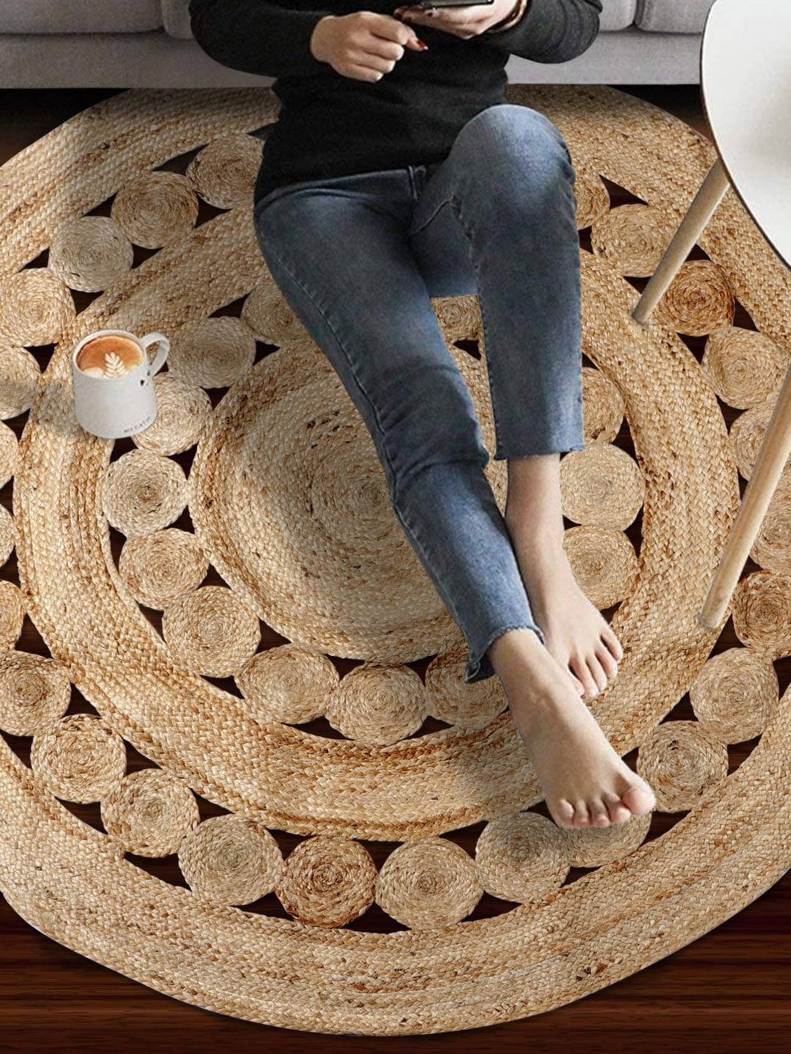 4' X 4' Natural Jute Rug Natural, Jute Braided Round Rug, Designer ...