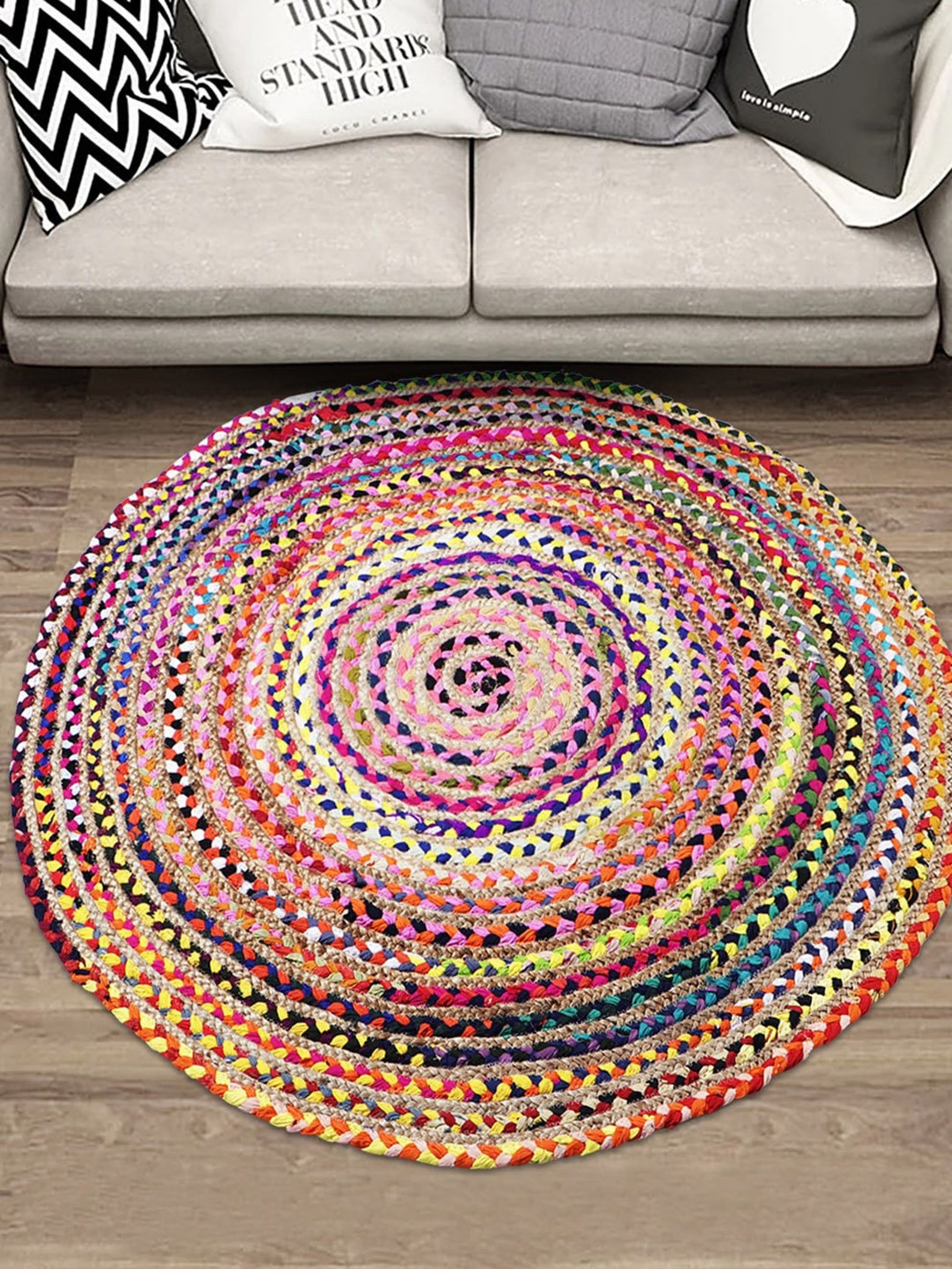 Multicolor Round Rugs Indian Handmade Jute & Cotton Round Rug Etsy