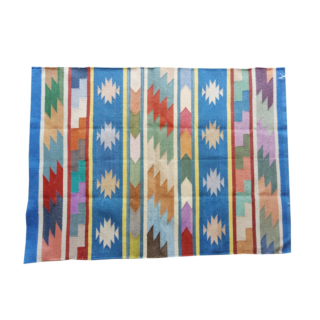 Handwoven Modern Handmade Cotton Rug Dhurrie Rug, Reversible Multicolored Light Blue Natural Eco