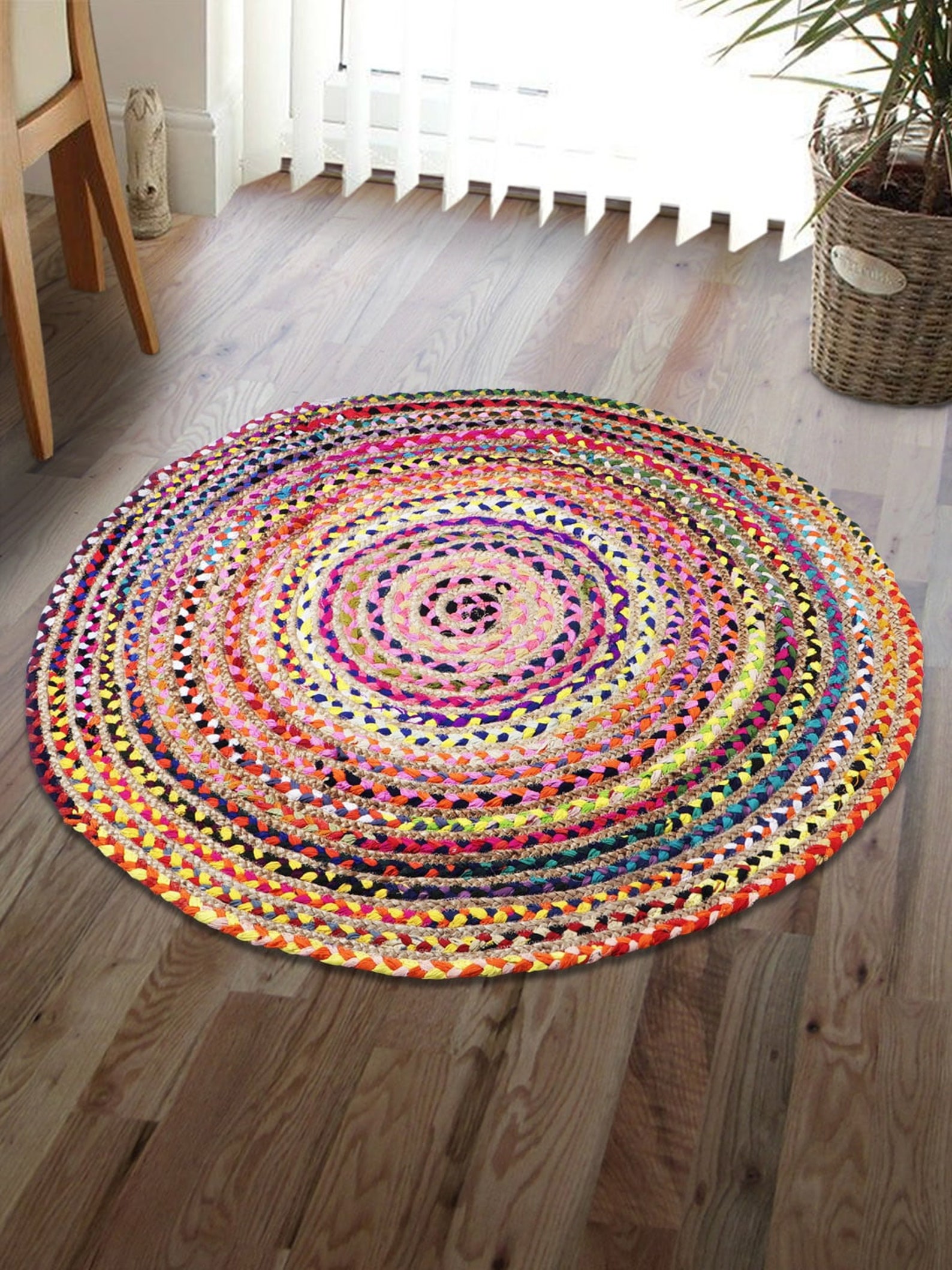 Multicolor Round Rugs Indian Handmade Jute & Cotton Round Rug Etsy
