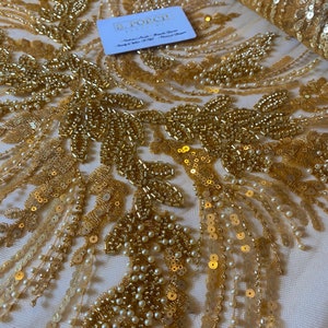 Luxurious High quality pearl-beaded lace for prom dresses,birthday photoshoot,wedding or reception,Gold,Turquoise & Peach Sold per Yard