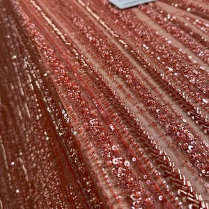 Burnt Orange/ CORAL  Luxury bridal beaded & Sequin lace ,embellished beaded lace for prom,bridal or weddings  Sold PER YARD