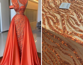 Orange Luxury bridal beaded & Sequin lace ,embellished beaded lace for prom,bridal or weddings Also in red,yellow,black green- Sold PER YARD