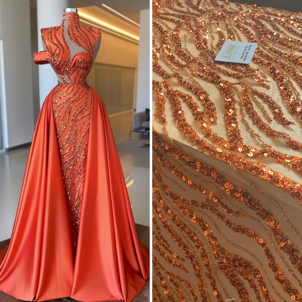 Orange Luxury bridal beaded & Sequin lace ,embellished beaded lace for prom,bridal or weddings Also in red,yellow,black green- Sold PER YARD