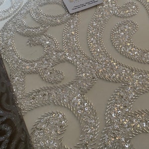 Mariage de luxe, perles lourdes, haute couture, broderie de perles à la main pour mariée, mariage, robe de bal, robe de réception, vendu par yard