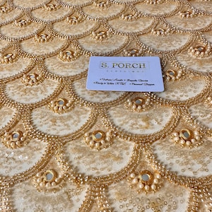 Luxury bridal beaded & Sequin lace ,embellished beaded lace for prom,bridal or weddings Sold PER YARD. Available in Chocolate brown, Gold.