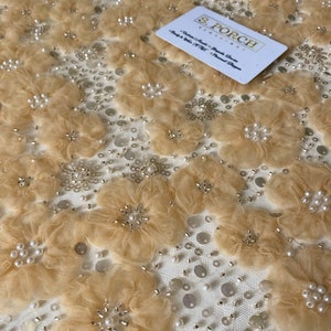 Gold Luxurious High quality Rose beaded lace for prom dresses,birthday photoshoot,wedding or engagement dress,reception,sold per yard