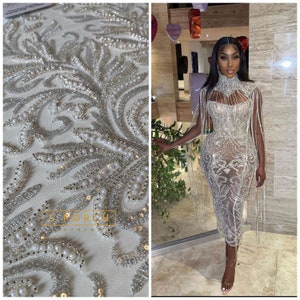 Luxury Bridal ,Beaded,Haute couture Handbeaded lace,Appliqué lace for bridals,weddings,prom in white,gold&red sold per yard