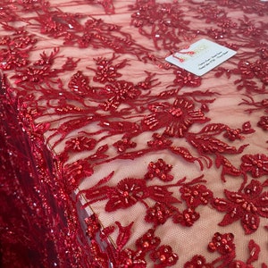 Luxury Bridal, Exotic Beaded Embroidery lace for bridals,weddings,prom,reception in Colour-red.Sold Per Yard.
