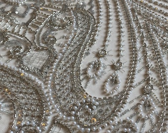 GREY Luxury Bridal ,Heavy beaded,Haute couture Handbeaded Embroidery lace for bridals,weddings,prom dress,reception dress sold per yard