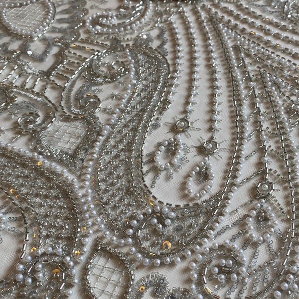 GREY Luxury Bridal ,Heavy beaded,Haute couture Handbeaded Embroidery lace for bridals,weddings,prom dress,reception dress sold per yard