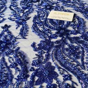 Luxurious High quality pearl-beaded lace for prom dresses,birthday photoshoot,wedding or engagement dress,reception,Royal blue,sold per yard