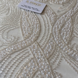 Luxurious High quality pearl-beaded lace for prom dresses,birthday photoshoot,wedding or engagement,reception,Gold&white Sold per Yard