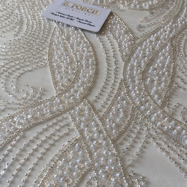 Luxurious High quality pearl-beaded lace for prom dresses,birthday photoshoot,wedding or engagement,reception,Gold&white Sold per Yard