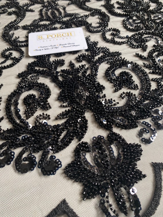 Black Beaded Lace Appliques for Black Wedding Dresses - OneYard