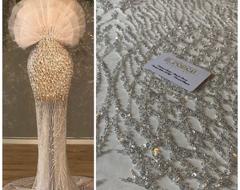 Mariage de luxe, perles épaisses, haute couture dentelle perlée à la main, application de dentelle pour mariées, mariages, robe de bal, robe de réception - vendu PAR YARD