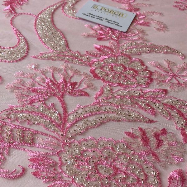 Luxury Bridal ,Heavy beaded,Haute couture Handbeaded lace,Appliqué lace for bridals,weddings,prom dress,baby pink, red& white sold per yard