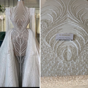 Abiti da sposa di lusso, perline pesanti, pizzo di alta moda con perline fatte a mano, pizzo applicato per abiti da sposa, matrimoni, abiti da ballo, abiti da ricevimento - Venduto tagliato su misura