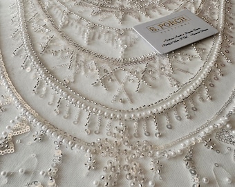 Pizzo da sposa di lusso con perline e paillettes, pizzo con perline impreziosito per balli studenteschi, spose o matrimoni Venduto tagliato su misura