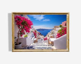Santorini Greece Oil Painting Print, Coastal Mediterranean View (Digital Download)