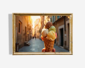 Rome Gelato Art Print: Rainbow Cone Oil Painting (Digital Download)