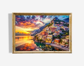 Amalfi Coast Sunset Print: Positano, Italy Oil Painting (Digital Download)