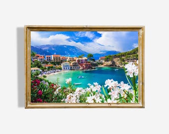 Greek Island Village Oil Painting Art Print – Cephalonia, Greece (Digital Download)