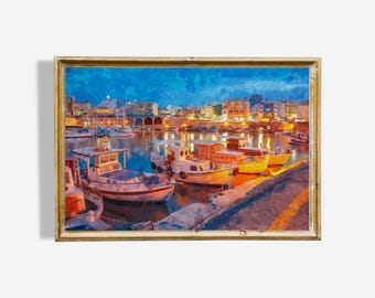 Greek Fishing Boats Art Print of Crete Harbor Watercolor Painting: Digital Download