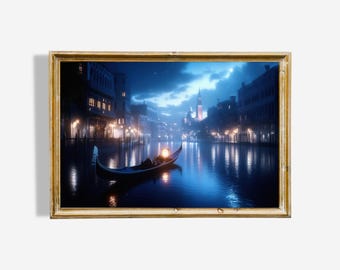 Venice Night Gondola Ride Art Print – Italy Oil Painting (Digital Download)