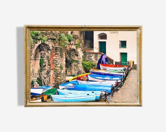 Cinque Terre Rowboats Digital Oil Painting – Riomaggiore, Italy (Instant Download)