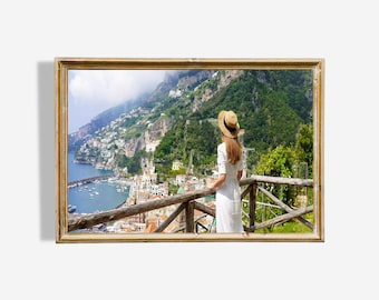 Peaceful Woman on Amalfi Coast Digital Oil Painting Wall Art | Museum Quality | Instant Download | Great Gift for Amalfi Art Lovers