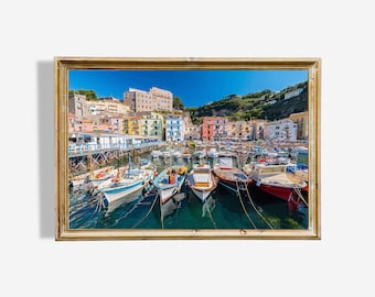 Amalfi Coast Fishing Boats Oil Painting Art Print - Scenic Marina (Instant Download)