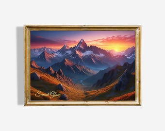 Sunset Glow Mountain Oil Painting: Museum Quality Wall Art (Digital Download)