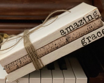 amazing grace hand stamped book stack / farmhouse book stack / book sets