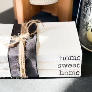 home sweet home custom farmhouse book stack / hand stamped books / new home gift / book sets / books with words