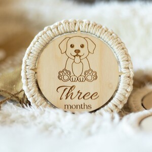 Gegraveerde mijlpaalplaten, macramé babymijlpalen, jute dieren houten schijven, Hello World-kaarten, kraamcadeau, fotorekwisieten pasgeboren