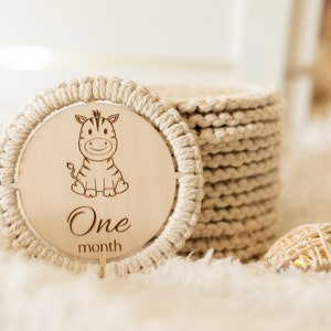 Gravierte Meilensteintafeln, Makramee-Baby-Meilensteine, Jute-Tier-Holzscheiben, Hallo-Welt-Karten, Babyparty-Geschenk, Foto-Requisiten für Neugeborene