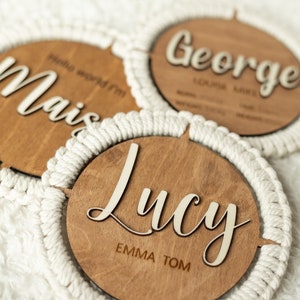Baby Name Announcement, Personalized New Baby Arrival Sign, Hello World Plaque, Macramé Disc Photo Prop, Gift for New Mom, Nursery Décor