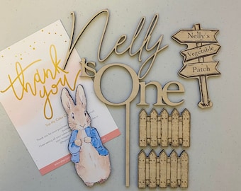 Wooden Peter Rabbit Cake Topper Bundle - Personalised Name & Age