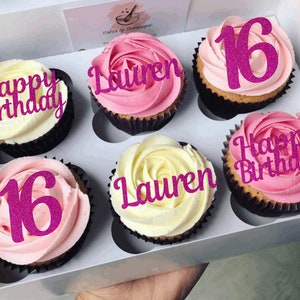 Personalised Happy Birthday Cupcake Toppers - Personalise NAME/AGE Pack of 6