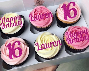 Personalised Happy Birthday Cupcake Toppers - Personalise NAME/AGE Pack of 6