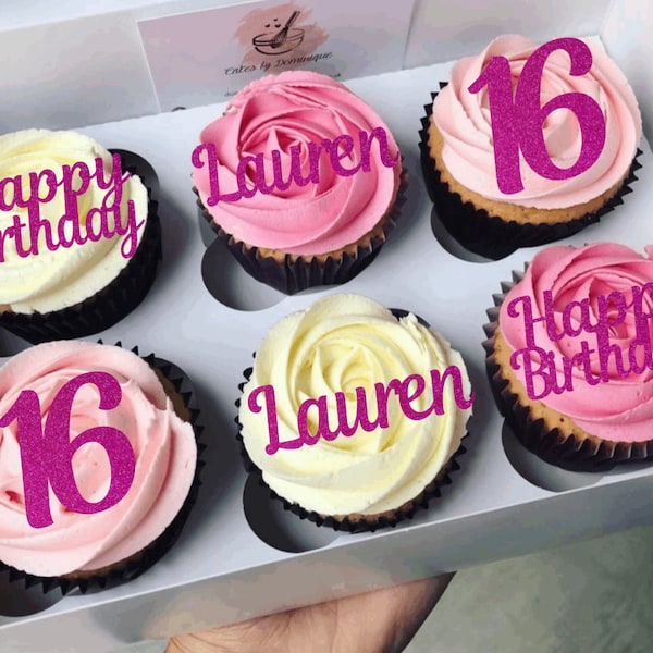 Personalised Happy Birthday Cupcake Toppers - Personalise NAME/AGE Pack of 6