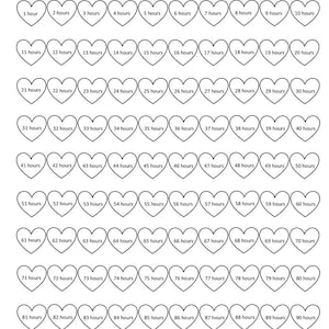 Op de afbeelding: Een zwart-witte printbare grafiek met de tekst "My Client Journey" en de quote "Als je maar één persoon in deze wereld kunt helpen, dan heb je iets wonderlijks gedaan." De grafiek is verdeeld in 100 hartvormige vakjes, elk gelabeld met een aantal uren, van 1 tot 100.
